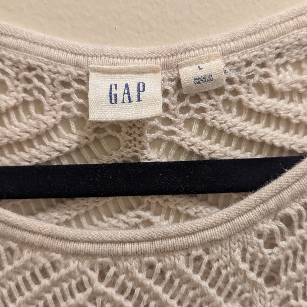 GAP Crochet Yoke Pattern Oatmeal Heather Cotton Knit Long Sleeve Sweater Top- L - Picture 9 of 11